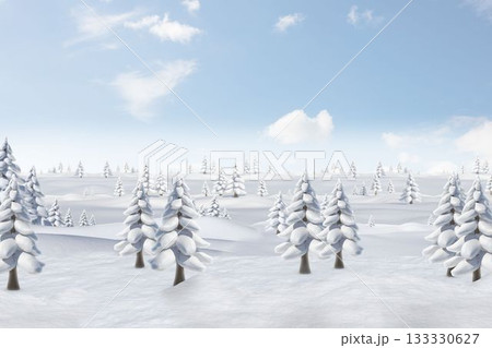 Cluster of snow-covered pine trees is standing in flat design winter landscape, blue sky background 133330627