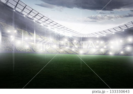 Green grass pitch is showing in flat design stadium scene, with floodlight beams and roof framework Green grass pitch is showing in flat design stadium scene, with floodlight beams and roof framework 133330643