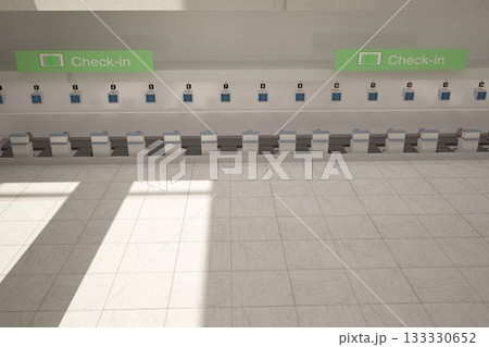 Numbered self-service check-in kiosks are being shown in flat design airport hall with green signs Numbered self-service check-in kiosks are being shown in flat design airport hall with green signs 133330652