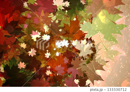 Abstract illustration is showing layered translucent maple leaf shapes glowing with autumn speckles 133330712
