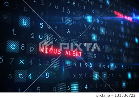 Red VIRUS ALERT text is glowing in 3D digital interface with floating code, glowing grid squares 133330722