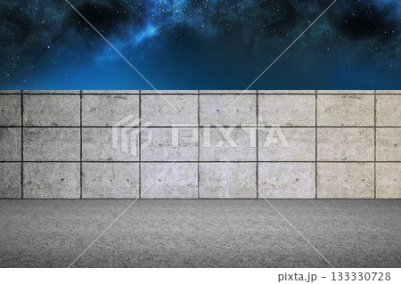 Flat design featuring concrete tiled wall stretching across ground showcasing star-filled night sky Flat design featuring concrete tiled wall stretching across ground showcasing star-filled night sky 133330728