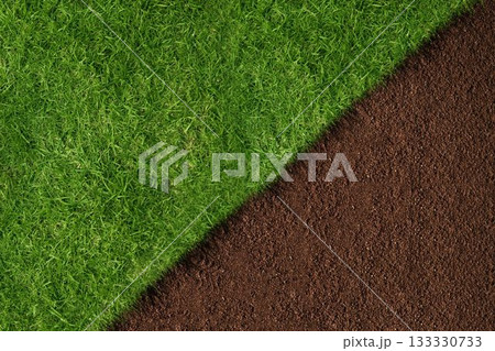 Flat design illustration is showing diagonal split between vibrant green grass and rich brown soil 133330733