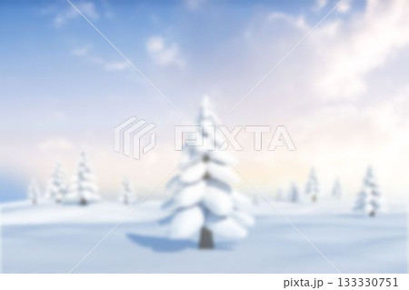 Winter scene featuring snow-laden conifer trees on rolling hills under pastel sky, flat design 133330751