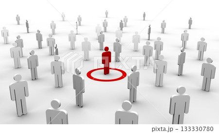 Red silhouette is standing on red target in 3D illustration, surrounded by grey and white avatars Red silhouette is standing on red target in 3D illustration, surrounded by grey and white avatars 133330780