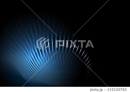 Illuminated abstract wave-like diamond grid is being shown in dark 3D render under soft blue glow 133330783