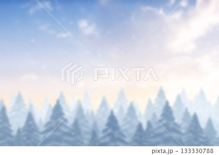 Snow-dusted pine trees are rising in flat design, featuring drifting snowflakes and pastel sky 133330788