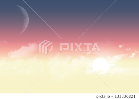 Flat design sky is transitioning navy to yellow, featuring crescent moon, low sun and soft clouds Flat design sky is transitioning navy to yellow, featuring crescent moon, low sun and soft clouds 133330821