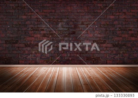 Flat design illustration is showing exposed red brick wall with wooden plank floor glowing softly Flat design illustration is showing exposed red brick wall with wooden plank floor glowing softly 133330893