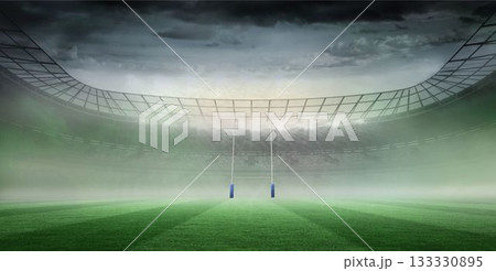 Rugby goalposts are standing on foggy green pitch in flat design, with floodlights and roof grid Rugby goalposts are standing on foggy green pitch in flat design, with floodlights and roof grid 133330895