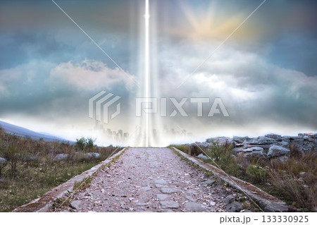 Rocky path leading to light beam Rocky path leading to light beam 133330925