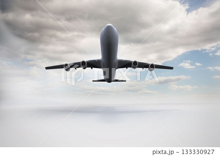 Four-engine commercial jet airplane is soaring above dense cloud layer in flat design illustration Four-engine commercial jet airplane is soaring above dense cloud layer in flat design illustration 133330927