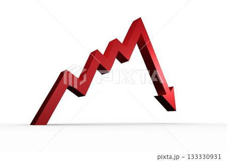 Red 3D zigzag arrow line is rising then falling on white backdrop with shadow, copy space 133330931