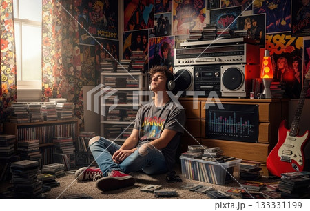 Colorful 1980s room with teenage boy listening to music on stereo surrounded by tapes glowing lava lamp posters sneakers reflecting youth and freedom Colorful 1980s room with teenage boy listening to music on stereo surrounded by tapes glowing lava lamp posters sneakers reflecting youth and freedom 133331199