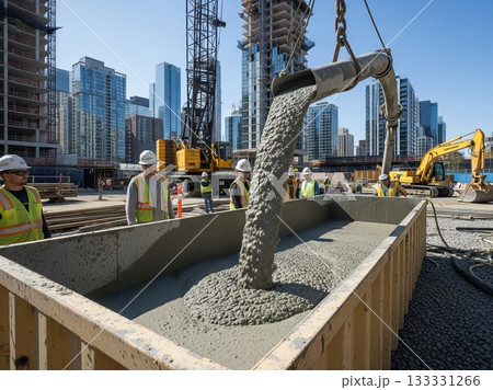 Wet concrete being poured into container during construction project in urban site under daylight showing industrial building process and structural development 133331266