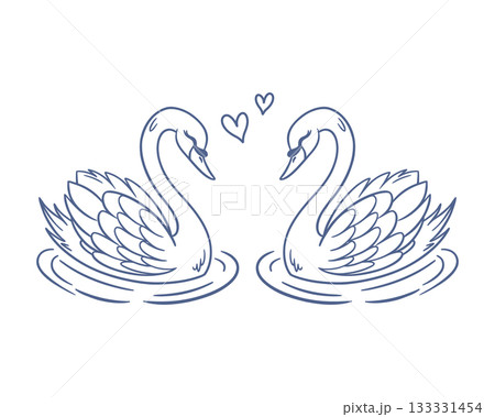 Romantic swans in love. Two swans are facing each other. Outline drawing. Sketch. 133331454