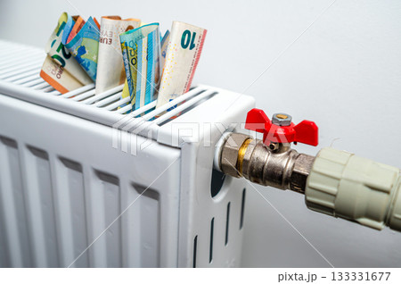 euro banknotes in a central heating radiator, the concept of expensive heating costs, closeup 133331677