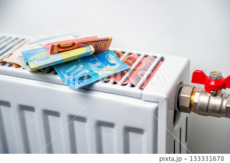 euro banknotes in a central heating radiator, the concept of expensive heating costs, closeup euro banknotes in a central heating radiator, the concept of expensive heating costs, closeup 133331678