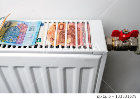 euro banknotes in a central heating radiator, the concept of expensive heating costs, closeup 133331679