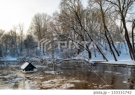 spring floods and ice melt in a small river, waterfowl feeder flooded as water level rises, Dobele 133331742