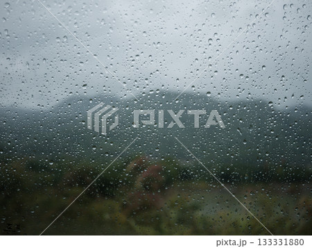 雨降りのガラス越しの自然風景 133331880