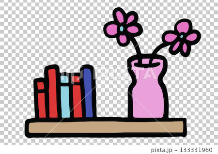 Cute hand drawn illustrations of book shelf, flowers in a vase for furniture, house, interior, room design, living room, bedroom, hobbies, lifestyle, sticker, department store, decoration, interior Cute hand drawn illustrations of book shelf, flowers in a vase for furniture, house, interior, room design, living room, bedroom, hobbies, lifestyle, sticker, department store, decoration, interior 133331960