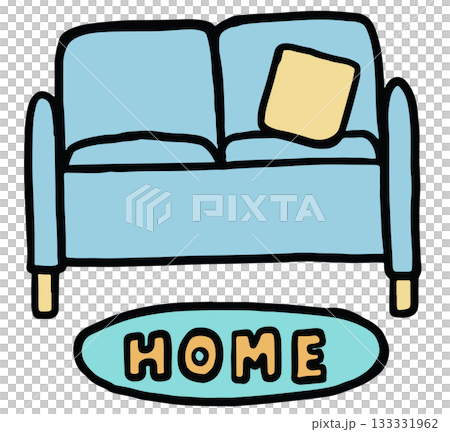 Cute hand drawn illustrations of sofa, pillow, HOME mat for furniture, house, interior, room design, living room, bedroom, hobbies, lifestyle, morning routine, sticker, department store, relax time 133331962
