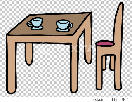 Cute hand drawn illustrations of table, chair and tea cups for kitchen, kitchenware, home design, housing, living room, furniture, relax, weekends, hobbies, leisure, department store, interior design 133331964