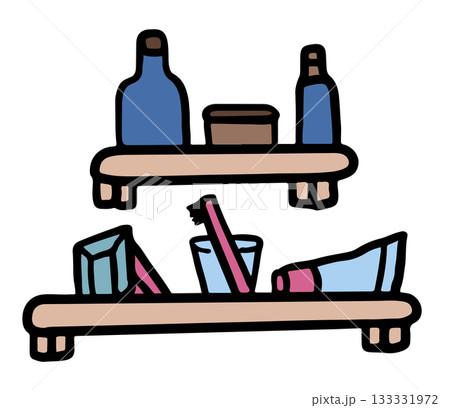 Cute hand drawn illustrations of toilet shelf with bottles of soap and shampoo, toothbrush, toothpaste for house, interior, toiletry, bathroom vanity, bathroom, lifestyle, morning routine, washroom 133331972