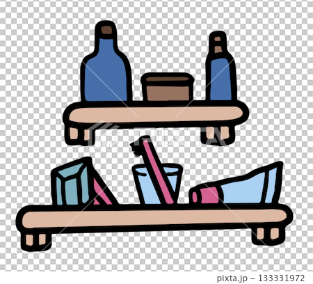 Cute hand drawn illustrations of toilet shelf with bottles of soap and shampoo, toothbrush, toothpaste for house, interior, toiletry, bathroom vanity, bathroom, lifestyle, morning routine, washroom Cute hand drawn illustrations of toilet shelf with bottles of soap and shampoo, toothbrush, toothpaste for house, interior, toiletry, bathroom vanity, bathroom, lifestyle, morning routine, washroom 133331972