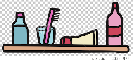 Cute hand drawn illustrations of toilet shelf with bottles of soap and shampoo, toothbrush, toothpaste for house, interior, toiletry, bathroom vanity, bathroom, lifestyle, morning routine, washroom Cute hand drawn illustrations of toilet shelf with bottles of soap and shampoo, toothbrush, toothpaste for house, interior, toiletry, bathroom vanity, bathroom, lifestyle, morning routine, washroom 133331975