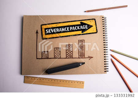 Notebook with Growth Chart and Sign Showing Severance Package Concept of Business Termination and 133331992