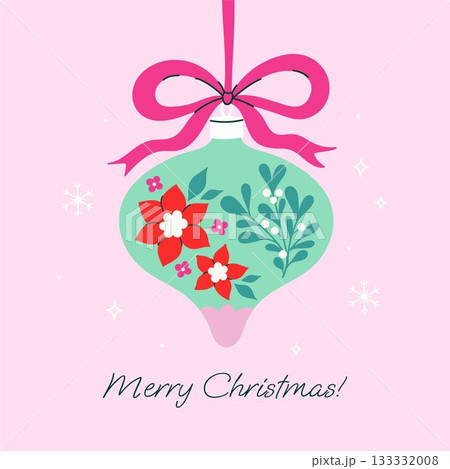 Christmas glass ball decorated with flowers. Vector graphics. 133332008