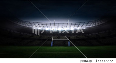 Flat design rugby stadium showing night floodlights lighting green pitch with blue padded goal post Flat design rugby stadium showing night floodlights lighting green pitch with blue padded goal post 133332272