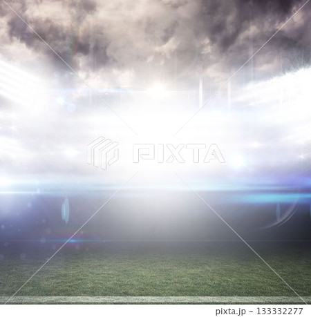 Empty grass sports field featuring white line and floodlights creating lens flares in flat design 133332277