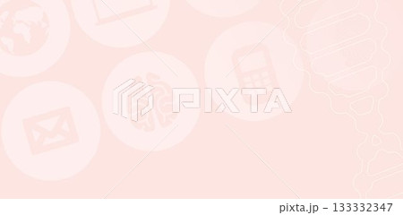 Showing flat translucent circles on pink featuring brain, envelope, globe, calculator and DNA helix 133332347