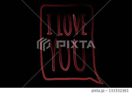 Red neon speech bubble is glowing in flat design on black background, featuring I LOVE YOU 133332361