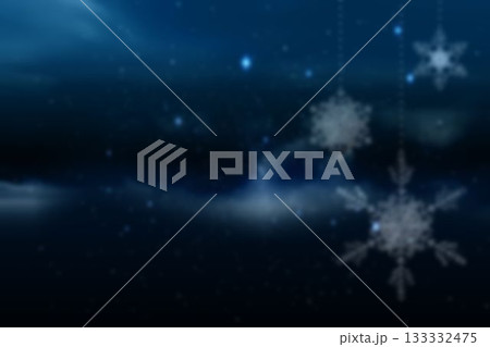 Flat design winter night sky showing three hanging snowflake ornaments on dotted strings 133332475