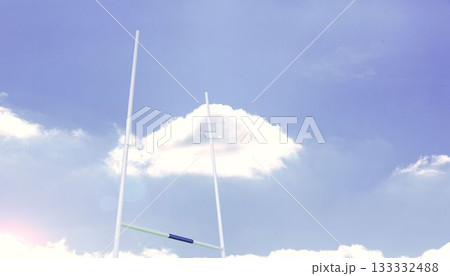 Flat design rugby goal post is standing against blue sky with white clouds and lens flare Flat design rugby goal post is standing against blue sky with white clouds and lens flare 133332488