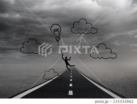 Light bulb balloon over street and stormy sky Light bulb balloon over street and stormy sky 133332662