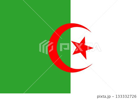 Algeria flag is showing green and white halves, featuring red crescent and star in flat design Algeria flag is showing green and white halves, featuring red crescent and star in flat design 133332726