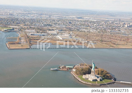 High angle view of liberty island and cityscape 133332735