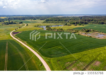 rural landscape with agricultural fields, roads and lonely trees, drone photography 133332788