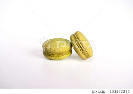 macarons, confectionery sweet product, green macarons isolated on white background macarons, confectionery sweet product, green macarons isolated on white background 133332852