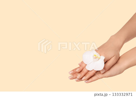 Delicate hands highlight a flower for body care 133332971