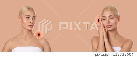 A woman enjoys her body care routine while surrounded by flowers 133333004