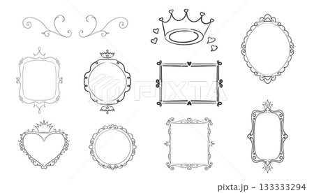 Princess frame mirror set line fairy. Whimsical cute doodle mirrors with crown for baby princess. Collection elegant pastel decor. 133333294