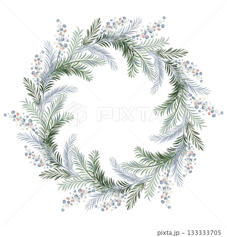 Watercolor Christmas wreath made of pine and spruce branches. Circular festive frame for card, template, or poster. Isolated illustration for winter design. Watercolor Christmas wreath made of pine and spruce branches. Circular festive frame for card, template, or poster. Isolated illustration for winter design. 133333705