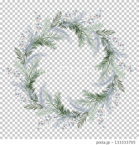Watercolor Christmas wreath made of pine and spruce branches. Circular festive frame for card, template, or poster. Isolated illustration for winter design. 133333705