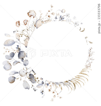 Watercolor eucalyptus wreath frame with leaves and twigs. Botanical floral circular design for wedding, greeting, and holiday cards. Watercolor eucalyptus wreath frame with leaves and twigs. Botanical floral circular design for wedding, greeting, and holiday cards. 133333706